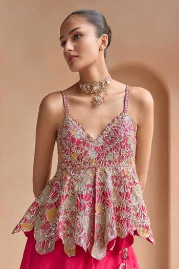 Osaa By Adarsh_Pink Organza Sweetheart Neck Embroidered Peplum Top And Skirt Set _at_Aza_Fashions