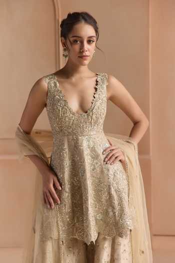 Osaa By Adarsh Beige Silk, Tissue V-neck Embroidered Peplum Top Gharara Set Online at Aza Fashions Osaa By Adarsh_Beige Silk, Tissue V-neck Embroidered Peplum Top Gharara Set _Online_at_Aza_Fashions