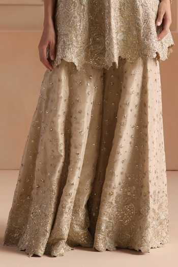 Buy Osaa By Adarsh Beige Silk, Tissue V-neck Embroidered Peplum Top Gharara Set Online at Aza Fashions Buy_Osaa By Adarsh_Beige Silk, Tissue V-neck Embroidered Peplum Top Gharara Set _Online_at_Aza_Fashions