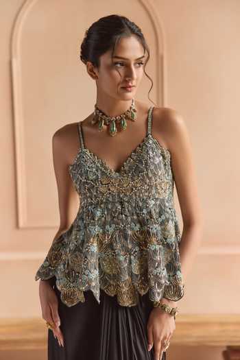 Osaa By Adarsh Black Organza Sweetheart Neck Embroidered Top And Skirt Set Online at Aza Fashions Osaa By Adarsh_Black Organza Sweetheart Neck Embroidered Top And Skirt Set _Online_at_Aza_Fashions
