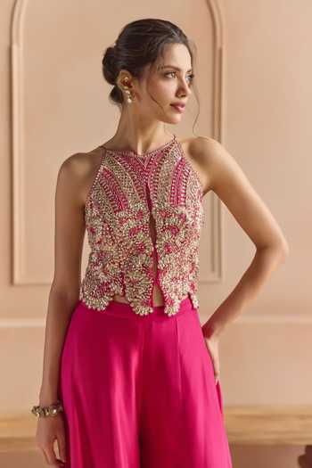 Osaa By Adarsh Pink Silk Halter Neck Zardozi Embroidered Top And Gharara Set Online at Aza Fashions Osaa By Adarsh_Pink Silk Halter Neck Zardozi Embroidered Top And Gharara Set _Online_at_Aza_Fashions