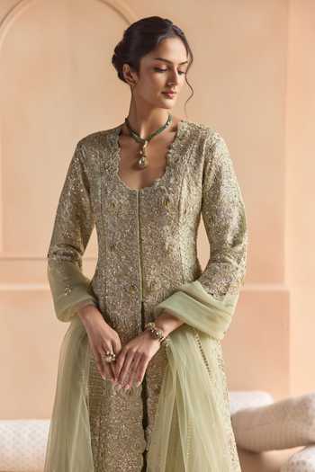 Osaa By Adarsh Green Silk, Tissue Scoop Neck Embroidered Jacket Set Online at Aza Fashions Osaa By Adarsh_Green Silk, Tissue Scoop Neck Embroidered Jacket Set _Online_at_Aza_Fashions