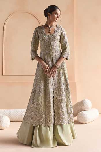Shop Osaa By Adarsh Green Silk, Tissue Scoop Neck Embroidered Jacket Set Online at Aza Fashions Shop_Osaa By Adarsh_Green Silk, Tissue Scoop Neck Embroidered Jacket Set _Online_at_Aza_Fashions