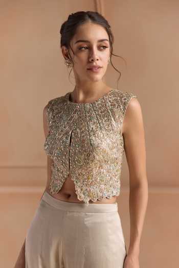 Osaa By Adarsh_Grey Tissue Round Neck Embroidered Top And Gharara Set _Online_at_Aza_Fashions