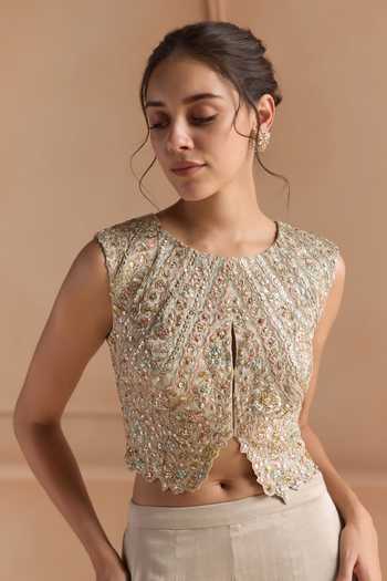 Buy_Osaa By Adarsh_Grey Tissue Round Neck Embroidered Top And Gharara Set _Online_at_Aza_Fashions