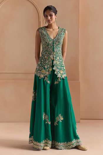 Shop Osaa By Adarsh Green Silk V-neck Embroidered Mulberry Jacket And Garara Set Online at Aza Fashions Shop_Osaa By Adarsh_Green Silk V-neck Embroidered Mulberry Jacket And Garara Set _Online_at_Aza_Fashions