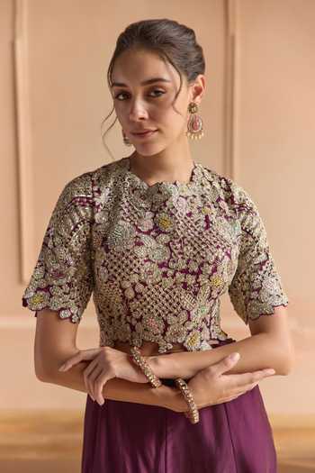 Buy Osaa By Adarsh Purple Silk, Satin Round Neck Embroidered Top And Skirt Set Online at Aza Fashions Buy_Osaa By Adarsh_Purple Silk, Satin Round Neck Embroidered Top And Skirt Set _Online_at_Aza_Fashions