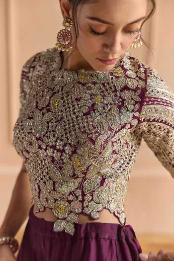 Shop Osaa By Adarsh Purple Silk, Satin Round Neck Embroidered Top And Skirt Set Online at Aza Fashions Shop_Osaa By Adarsh_Purple Silk, Satin Round Neck Embroidered Top And Skirt Set _Online_at_Aza_Fashions