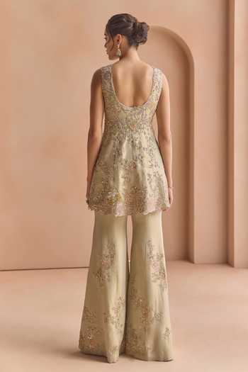 Shop Osaa By Adarsh Beige Silk, Tissue Plunge Neck Embroidered Jacket And Pant Set at Aza Fashions Shop_Osaa By Adarsh_Beige Silk, Tissue Plunge Neck Embroidered Jacket And Pant Set _at_Aza_Fashions