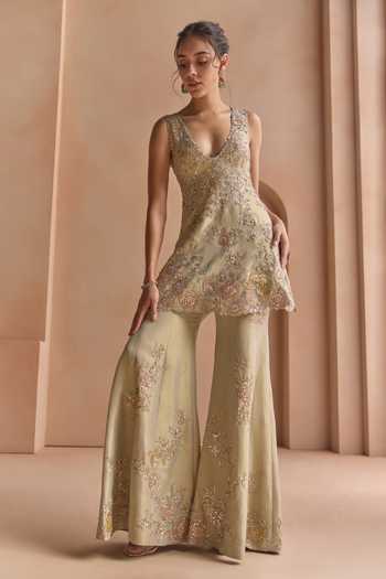 Buy Osaa By Adarsh Beige Silk, Tissue Plunge Neck Embroidered Jacket And Pant Set Online at Aza Fashions Buy_Osaa By Adarsh_Beige Silk, Tissue Plunge Neck Embroidered Jacket And Pant Set _Online_at_Aza_Fashions
