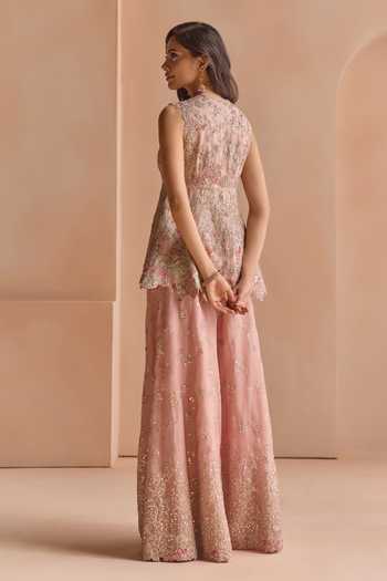 Shop Osaa By Adarsh Pink Organza V-neck Embroidered Jacket And Gharara Set at Aza Fashions Shop_Osaa By Adarsh_Pink Organza V-neck Embroidered Jacket And Gharara Set _at_Aza_Fashions