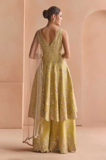 Shop Osaa By Adarsh Yellow Silk, Tissue V-neck Embroidered Jacket Skirt Set at Aza Fashions Shop_Osaa By Adarsh_Yellow Silk, Tissue V-neck Embroidered Jacket Skirt Set _at_Aza_Fashions
