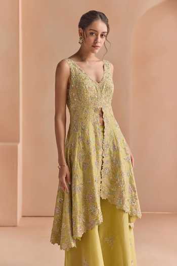 Osaa By Adarsh Yellow Silk, Tissue V-neck Embroidered Jacket Skirt Set Online at Aza Fashions Osaa By Adarsh_Yellow Silk, Tissue V-neck Embroidered Jacket Skirt Set _Online_at_Aza_Fashions