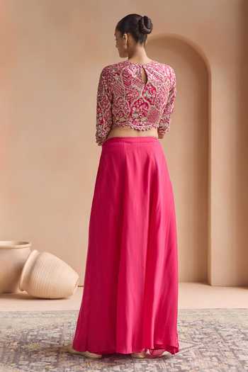 Shop Osaa By Adarsh Pink Silk Round Neck Scarlet Embellished Top And Skirt Set at Aza Fashions Shop_Osaa By Adarsh_Pink Silk Round Neck Scarlet Embellished Top And Skirt Set _at_Aza_Fashions