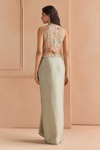 Shop Osaa By Adarsh Blue Silk, Tissue Halter Neck Floral Motif Top And Skirt Set at Aza Fashions Shop_Osaa By Adarsh_Blue Silk, Tissue Halter Neck Floral Motif Top And Skirt Set _at_Aza_Fashions