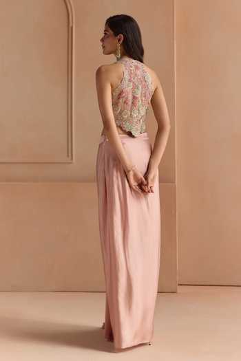 Shop Osaa By Adarsh Pink Silk, Tissue V-neck Top And Skirt Set at Aza Fashions Shop_Osaa By Adarsh_Pink Silk, Tissue V-neck Top And Skirt Set _at_Aza_Fashions