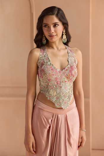 Osaa By Adarsh Pink Silk, Tissue V-neck Top And Skirt Set Online at Aza Fashions Osaa By Adarsh_Pink Silk, Tissue V-neck Top And Skirt Set _Online_at_Aza_Fashions