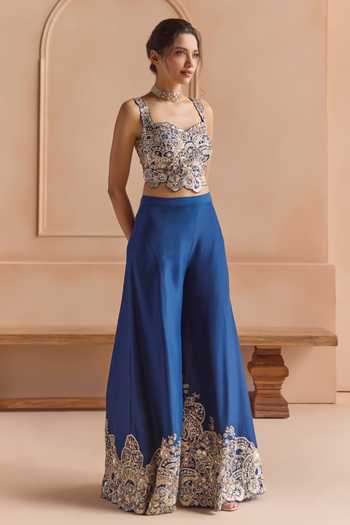 Osaa By Adarsh Blue Silk Sweetheart Neck Embroidered Top And Gharara Set Online at Aza Fashions Osaa By Adarsh_Blue Silk Sweetheart Neck Embroidered Top And Gharara Set _Online_at_Aza_Fashions