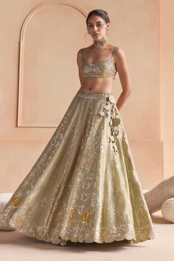 Osaa By Adarsh_Green Silk, Tissue Scoop Neck Embroidered Lehenga Set _Online_at_Aza_Fashions
