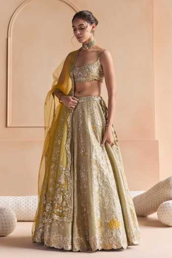 Buy_Osaa By Adarsh_Green Silk, Tissue Scoop Neck Embroidered Lehenga Set _Online_at_Aza_Fashions