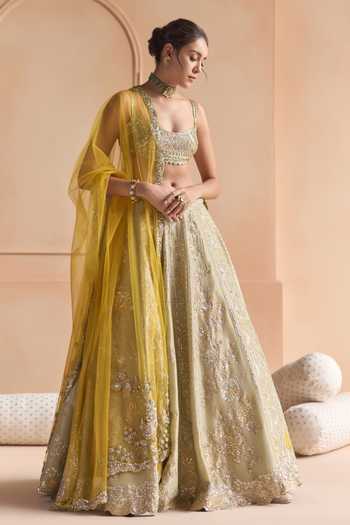 Shop_Osaa By Adarsh_Green Silk, Tissue Scoop Neck Embroidered Lehenga Set _Online_at_Aza_Fashions