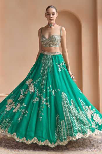 Buy_Osaa By Adarsh_Green Organza Sweetheart Neck Embroidered Blouse Lehenga Set _Online_at_Aza_Fashions