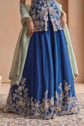 Osaa By Adarsh_Blue Silk V-neck Embroidered Jacket Lehenga Set _Online_at_Aza_Fashions