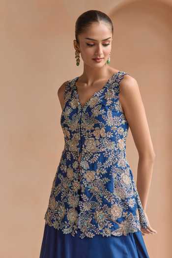 Buy_Osaa By Adarsh_Blue Silk V-neck Embroidered Jacket Lehenga Set _Online_at_Aza_Fashions