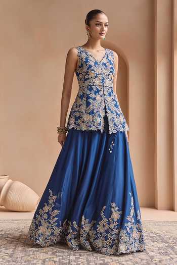 Shop_Osaa By Adarsh_Blue Silk V-neck Embroidered Jacket Lehenga Set _Online_at_Aza_Fashions