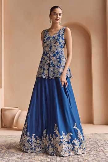 Osaa By Adarsh_Blue Silk V-neck Embroidered Jacket Lehenga Set _at_Aza_Fashions