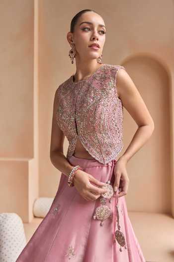 Buy_Osaa By Adarsh_Pink Silk, Tissue Round Neck Embroidered Lehenga Set _Online_at_Aza_Fashions