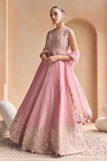 Shop_Osaa By Adarsh_Pink Silk, Tissue Round Neck Embroidered Lehenga Set _Online_at_Aza_Fashions