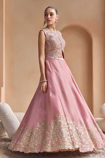Osaa By Adarsh_Pink Silk, Tissue Round Neck Embroidered Lehenga Set _at_Aza_Fashions
