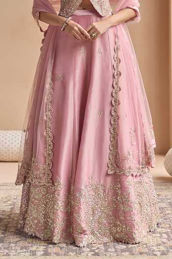 Buy_Osaa By Adarsh_Pink Silk, Tissue Round Neck Embroidered Lehenga Set 