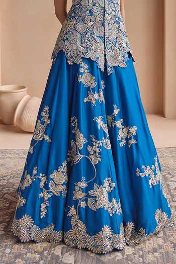 Osaa By Adarsh_Blue Silk V-neck Embroidered Peplum Jacket Lehenga Set _Online_at_Aza_Fashions