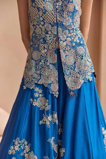 Buy_Osaa By Adarsh_Blue Silk V-neck Embroidered Peplum Jacket Lehenga Set _Online_at_Aza_Fashions
