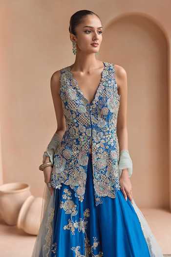 Shop_Osaa By Adarsh_Blue Silk V-neck Embroidered Peplum Jacket Lehenga Set _Online_at_Aza_Fashions