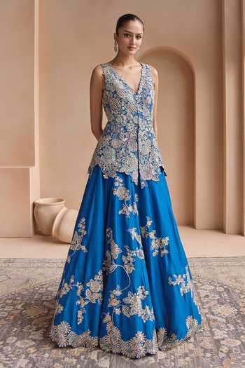 Osaa By Adarsh_Blue Silk V-neck Embroidered Peplum Jacket Lehenga Set _at_Aza_Fashions