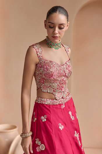 Buy Osaa By Adarsh Pink Organza Sweetheart Neck Cut Ruby Embroidered Lehenga Set Online at Aza Fashions Buy_Osaa By Adarsh_Pink Organza Sweetheart Neck Cut Ruby Embroidered Lehenga Set _Online_at_Aza_Fashions