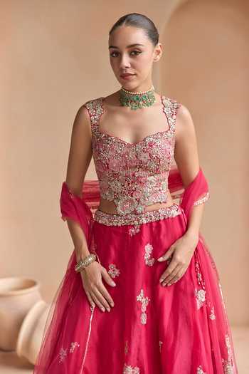 Shop Osaa By Adarsh Pink Organza Sweetheart Neck Cut Ruby Embroidered Lehenga Set Online at Aza Fashions Shop_Osaa By Adarsh_Pink Organza Sweetheart Neck Cut Ruby Embroidered Lehenga Set _Online_at_Aza_Fashions