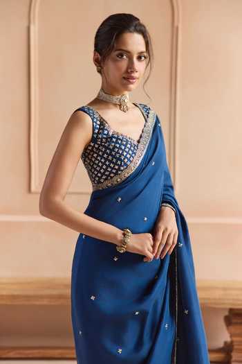 Osaa By Adarsh Blue Silk Sweetheart Neck Zardozi Work Saree And Blouse Set Online at Aza Fashions Osaa By Adarsh_Blue Silk Sweetheart Neck Zardozi Work Saree And Blouse Set _Online_at_Aza_Fashions