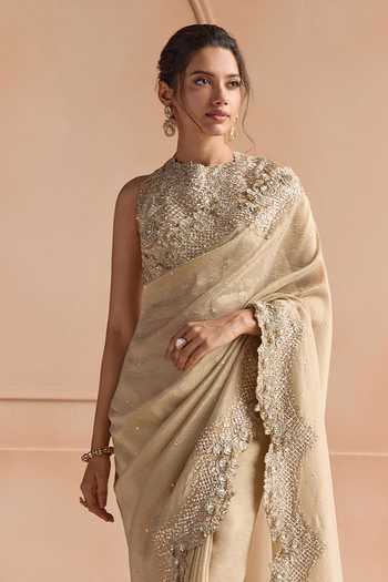Osaa By Adarsh Beige Tissue High Neck Scallop Border Embroidered Saree And Blouse Set Online at Aza Fashions Osaa By Adarsh_Beige Tissue High Neck Scallop Border Embroidered Saree And Blouse Set _Online_at_Aza_Fashions