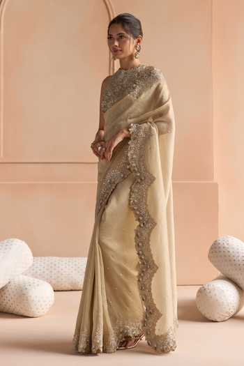 Buy Osaa By Adarsh Beige Tissue High Neck Scallop Border Embroidered Saree And Blouse Set Online at Aza Fashions Buy_Osaa By Adarsh_Beige Tissue High Neck Scallop Border Embroidered Saree And Blouse Set _Online_at_Aza_Fashions