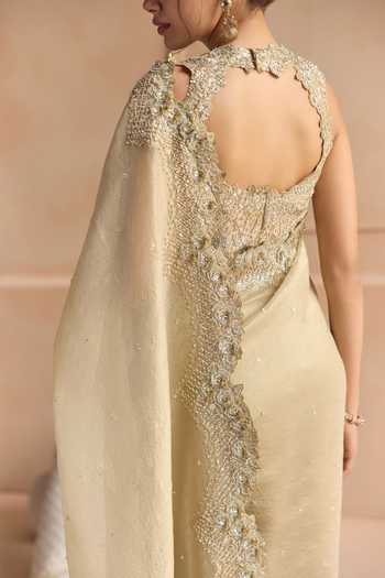 Shop Osaa By Adarsh Beige Tissue High Neck Scallop Border Embroidered Saree And Blouse Set Online at Aza Fashions Shop_Osaa By Adarsh_Beige Tissue High Neck Scallop Border Embroidered Saree And Blouse Set _Online_at_Aza_Fashions