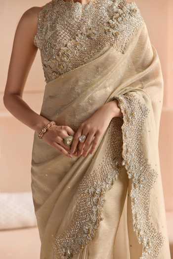 Osaa By Adarsh Beige Tissue High Neck Scallop Border Embroidered Saree And Blouse Set at Aza Fashions Osaa By Adarsh_Beige Tissue High Neck Scallop Border Embroidered Saree And Blouse Set _at_Aza_Fashions