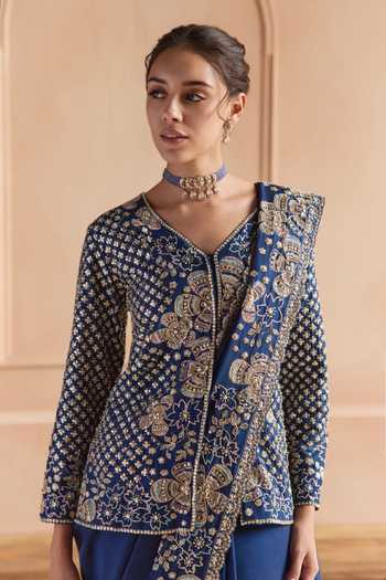 Osaa By Adarsh_Blue Silk V-neck Embroidered Saree And Jacket Set _Online_at_Aza_Fashions