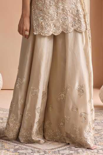 Osaa By Adarsh_Beige Silk, Tissue Scoop Neck Zardozi Work Kurta Sharara Set _Online_at_Aza_Fashions