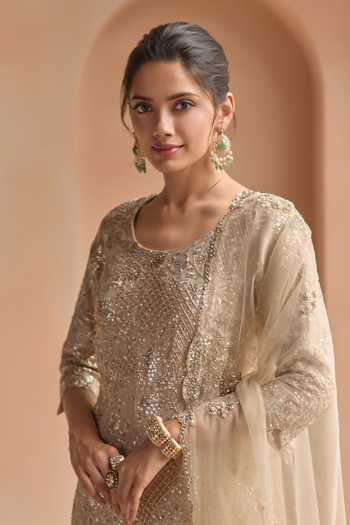 Buy_Osaa By Adarsh_Beige Silk, Tissue Scoop Neck Zardozi Work Kurta Sharara Set _Online_at_Aza_Fashions