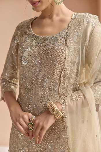 Shop_Osaa By Adarsh_Beige Silk, Tissue Scoop Neck Zardozi Work Kurta Sharara Set _Online_at_Aza_Fashions