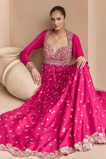 Osaa By Adarsh_Pink Silk Sweetheart Neck Embroidered Anarkali Set _Online_at_Aza_Fashions